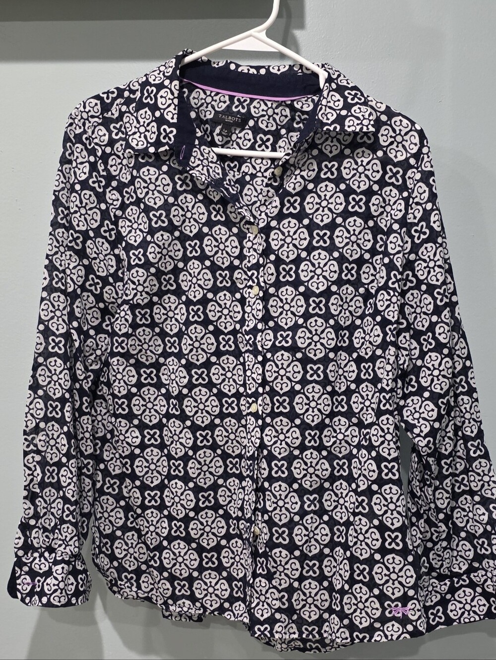 Talbots Navy and White Geometric Button-Down Shirt